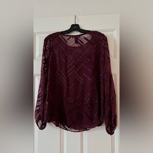 White House Black Market Sheer Geometric-Print Long Sleeve Blouse - Burgundy